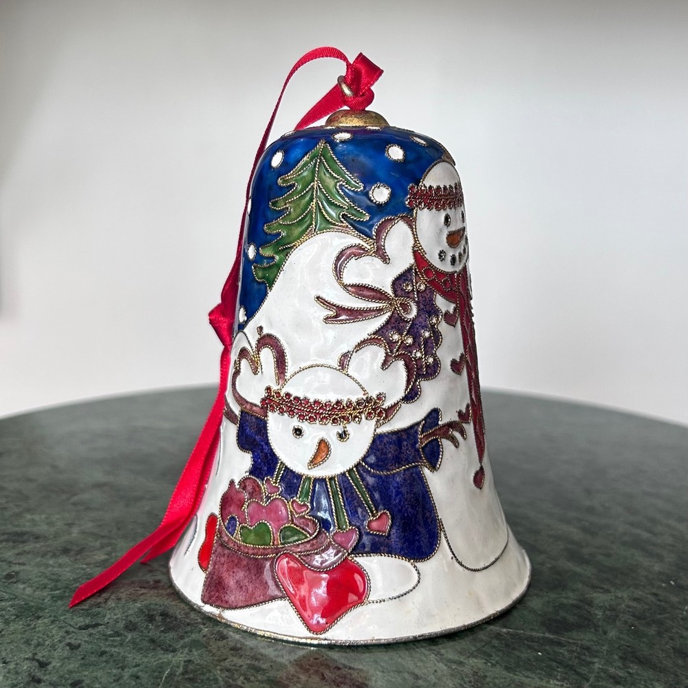 Christmas Bell Ornament Cloisonne Enamel Santa Snowman Tree Dillards 2002 - Picture 4 of 6